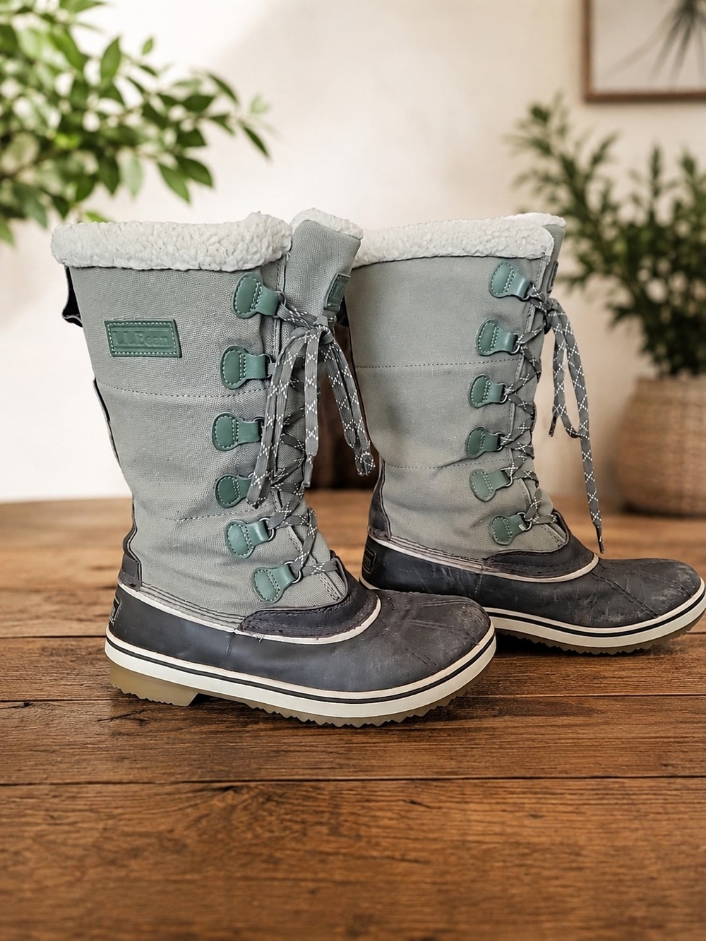 L.L. Bean Women's Gray and Mint Lace-Up Winter Rain Boots